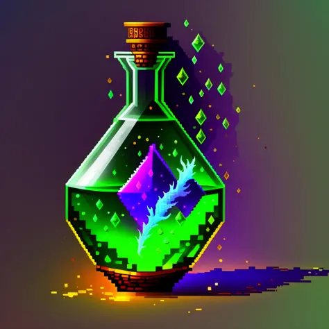 pixelart+++ a glass bottle with a liquid inside of it, painting of one health potion, fantasy game spell icon, an alchemical art illustration, alchemy concept, world of warcraft spell icon, hyper realistic poison bottle, bio chemical illustration, fantasy ...