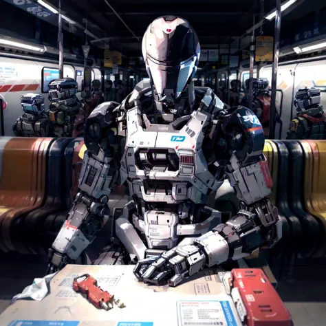 <lora:Droid V2:1>, droid, robot, losing keys on the subway