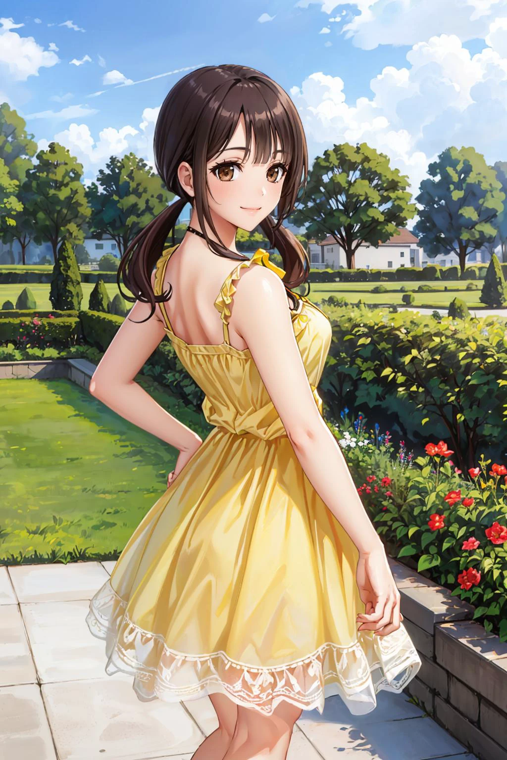ผลงานชิ้นเอก, คุณภาพดีที่สุด, โอคิตะซาวะ, Twintails ต่ำ, (sundress สีเหลือง:1.3), จากด้านหลัง, รอยยิ้ม, สวน, ท้องฟ้าสีฟ้า edgYSD,woman wearing a sundress สีเหลือง