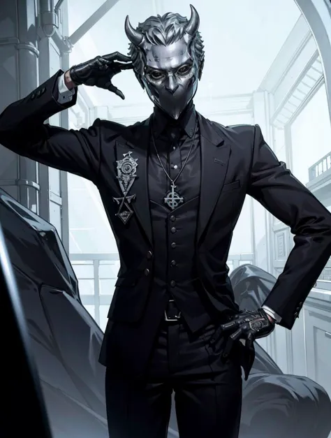 digital art, thin 1man, black strict suit, chrome devil mask, artistic pose, complex rock concert background, 8k uhd, high quality, (masteroice:1.2), (intricate details:0.9), (hdr, hyperdetailed:1.2)
<lora:NamelessGhoul:0.7> NamelessGhoul