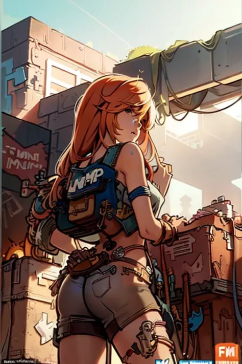 1girl, style-rustmagic, mechanic, workshop, garage, red hair, dirty outfit, grease stains, tools, holding tool, <lora:modernAmer...