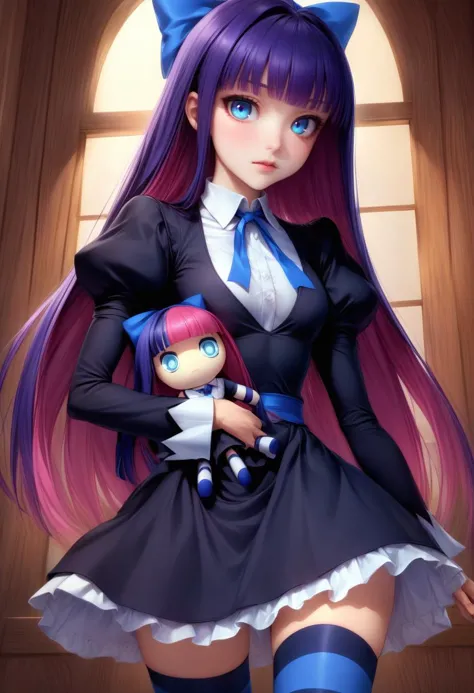 anime girl with long purple hair and blue eyes holding a doll