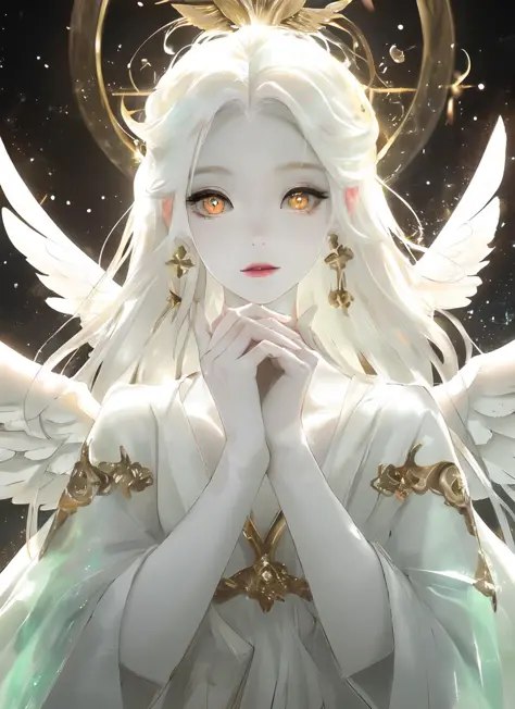 An angel is depicted with a pale and luminous complexion, their skin seemingly glowing with an otherworldly radiance. They are a...