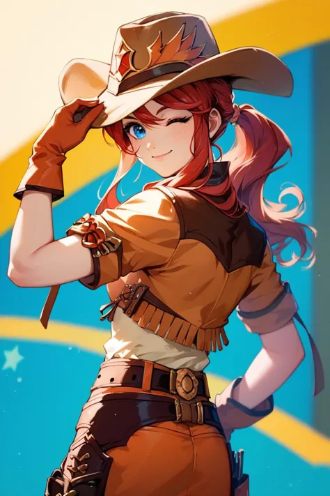 score_9, score_8_up, score_7_up, very aesthetic, source_anime, detailed, high quality, beautiful, masterpiece, detailed eyes,
western city, blurry background,
<lora:lightXL:0.8>
cowboy shot, upper body, from behind,
adjusting hat, wink, light smile,
<lora:gemini_autismConfetti_v01:0.9>gemini sunrise, red hair, ponytail, blue eyes, freckles, sidelocks, 
belt, thigh strap, cowboy hat, cowboy boots, fringe trim, gloves, miniskirt,  short sleeves,, zPDXL