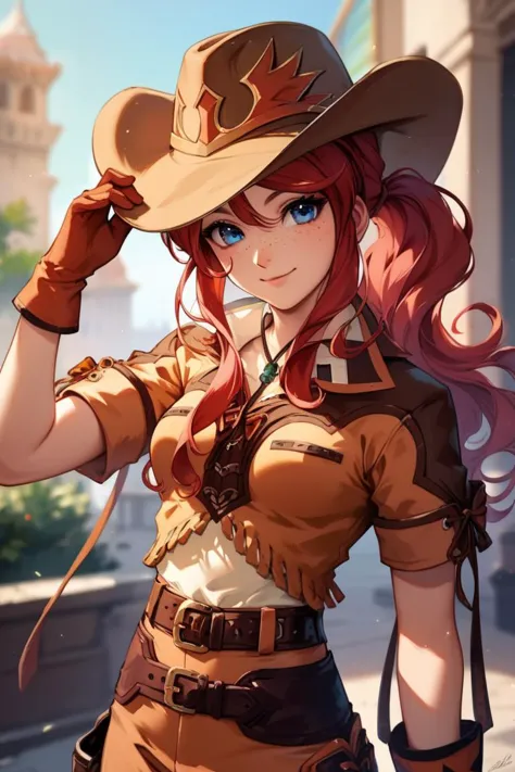 a woman in a hat and brown outfit holding a gun