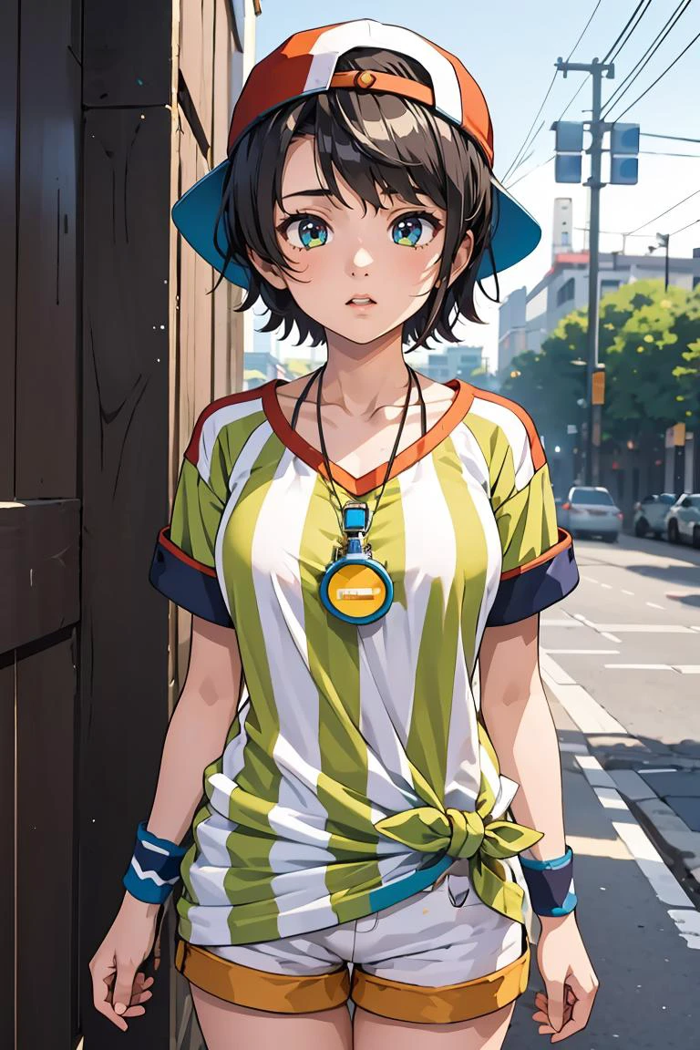 (masterpiece, best quality), 1girl,   aasubaru, short hair, cap, backwards hat, breast, collarbone, watch, whistle around neck, vertical-striped shirt, tied shirt, short sleeves, wristband, white shorts,