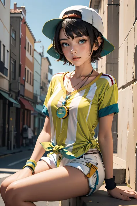 a close up of a woman sitting on a ledge wearing a hat