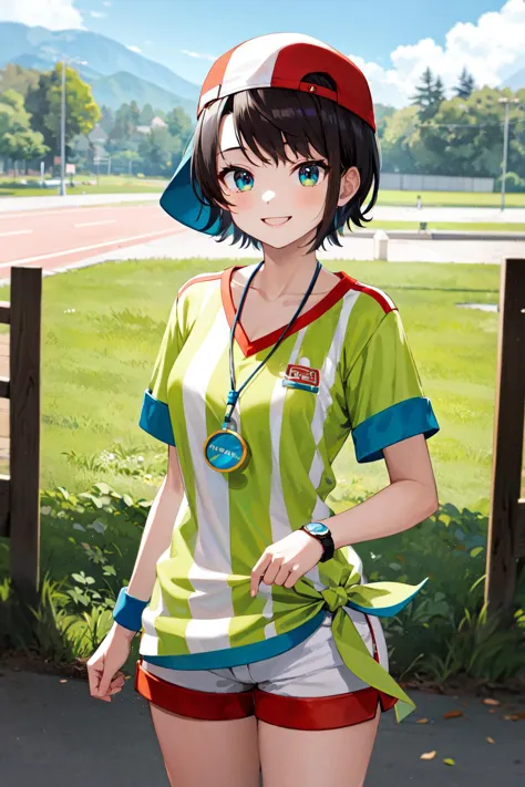 masterpiece, best quality, highres, aasubaru, short hair, cap, backwards hat, breast, collarbone, watch, whistle around neck, vertical-striped shirt, tied shirt, short sleeves, wristband, white shorts, <lora:oozora_subaru_v1:0.8>, standing, cowboy shot, smile, outdoors