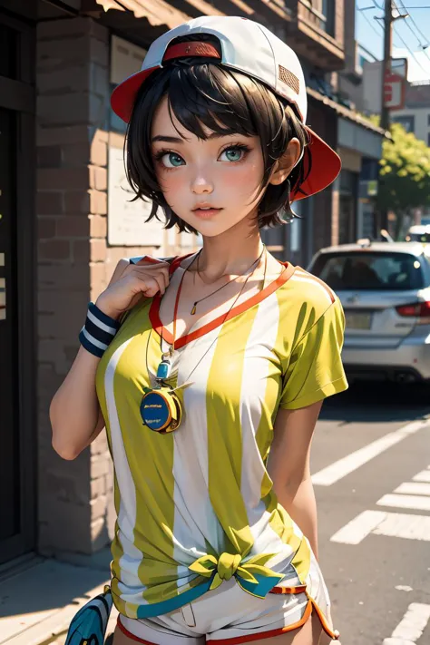 (masterpiece, best quality), 1girl,   <lora:oozora_subaru_v1:0.8> aasubaru, short hair, cap, backwards hat, breast, collarbone, watch, whistle around neck, vertical-striped shirt, tied shirt, short sleeves, wristband, white shorts,