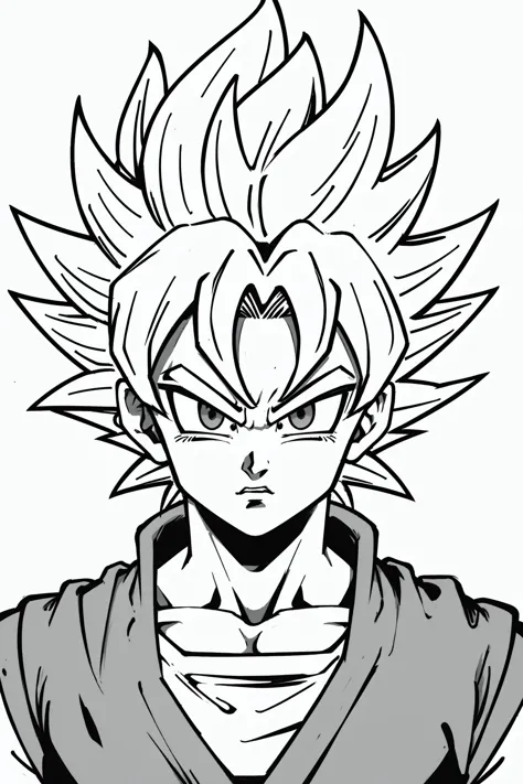 son Goku, Dragon Ball, plat, 2j, super saiyan, yeux détaillés, Yeux gris, emblème, niveaux de gris, linéaire, fond blanc,   