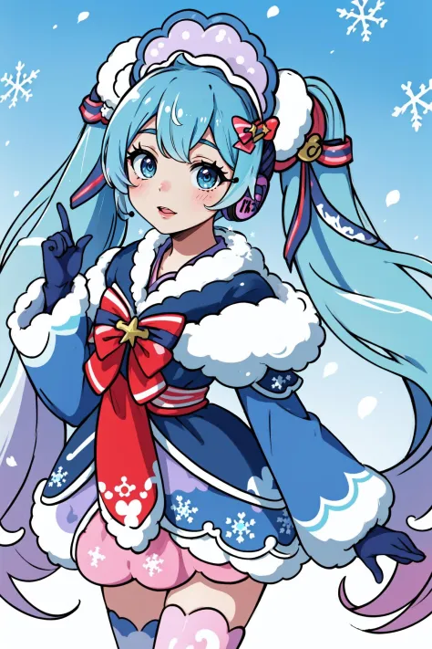 初音未来, 蓝头发, 可爱的, 双马尾, 耳机挂在脖子上, 高抬腿,  雪景2023