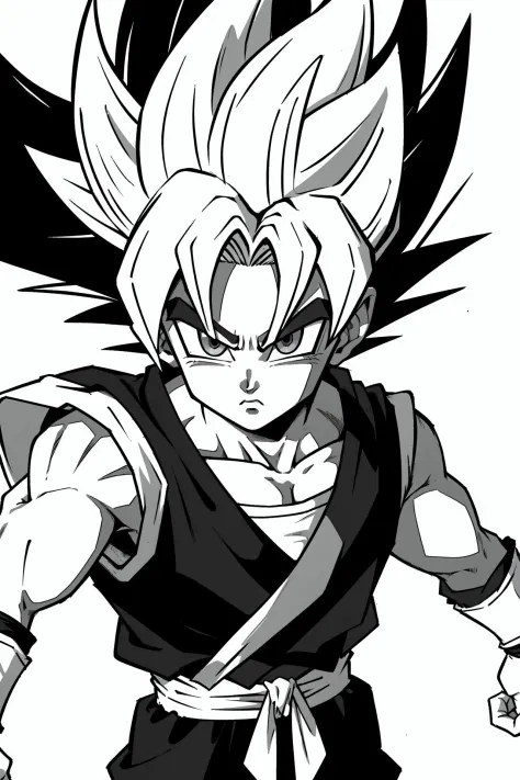 son goku, dragon ball, flat, 2d, super saiyan, detailed eyes, grey eyes, emblem, greyscale, lineart, white background,   <lora:s...