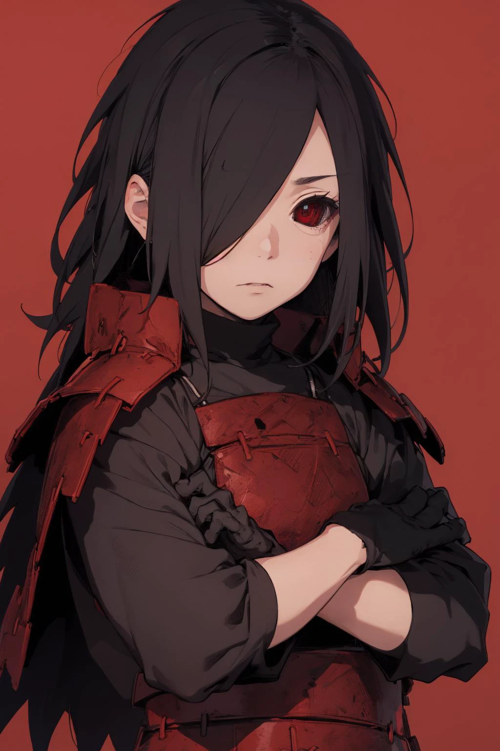 (걸작, 최고의 품질:1.2), 빨간색 배경, 카우보이 샷, 홀로, 남성 집중, 1남, uchiha madara, 무표정, 뷰어를보고, 팔짱을 끼다, 긴 머리, 한쪽 눈 위의 머리카락, 일본 갑옷, 검은 장갑