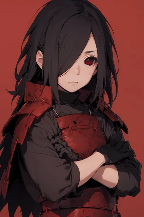 (masterpiece, best quality:1.2), <lora:naruto_uchihamadara:1.0>, red background, cowboy shot, solo, male focus, 1boy, uchiha madara, expressionless, looking at viewer, crossed arms, long hair, hair over one eye, japanese armor, black gloves