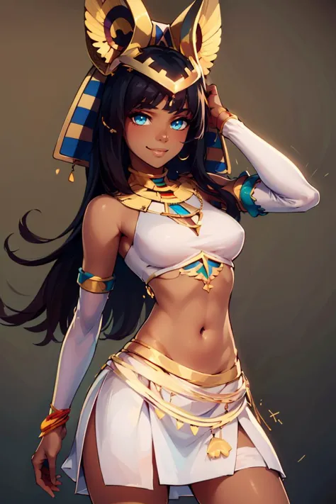 ((masterpiece,best quality)), absurdres, ramesses_ii,  (dark skin:1), solo, smiling, jewelry, gold, 
hip to the side, white miniskirt, contrapposto, hip to the side, hand on hip, 
looking at viewer, cowboy shot,