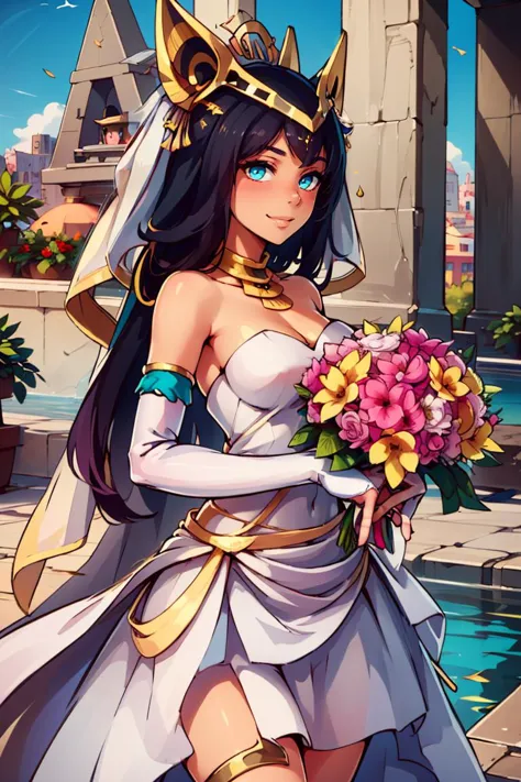 a woman in a wedding dress holding a bouquet of flowers