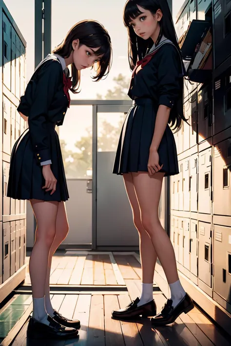 two young women in school uniforms stand in a locker