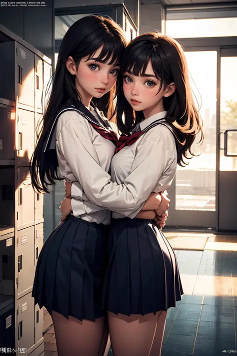 (masterpiece, best quality), <lora:school_lockers_v0.5:1> lockers, 2girls, school uniform, hug, size difference,  evening light,