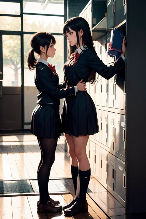 two women in school uniforms are standing in front of a locker