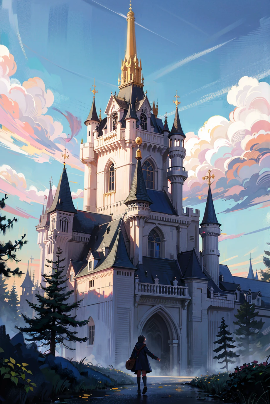 (masterpiece),(best quality:1.0), (ultra highres:1.0), detailed illustration,  dreaming, forest, detailed sky, (mysterious huge castle)