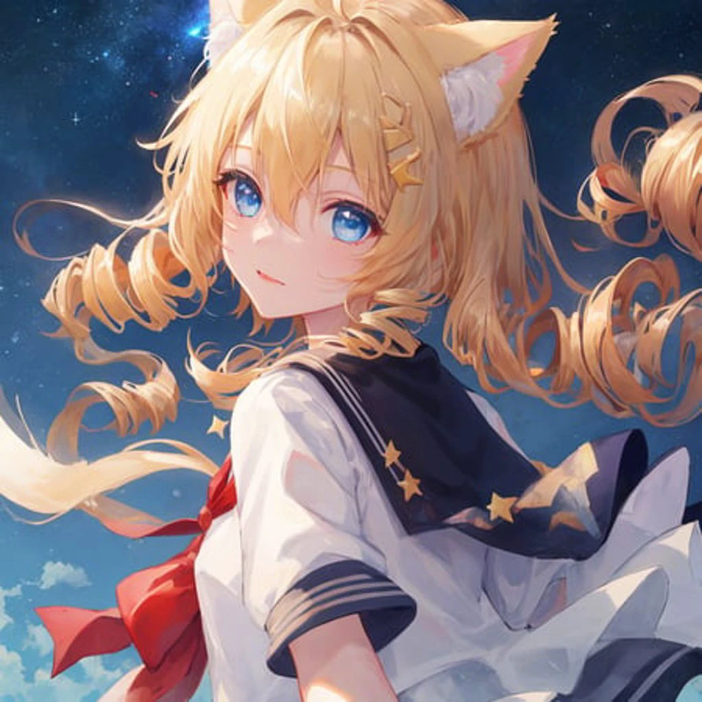 masterpiece, best quality, extremely detailed CG unity 8k wallpaper,kirigami,vibrant nebula sky,（upper body）,1girl,blue eyes, gold hair,gradient hair,hair between eyes,ahoge,cat ears, drill hair,Age:16,looking back,sailor dress,white thighhighs,mary janes,Star headdress