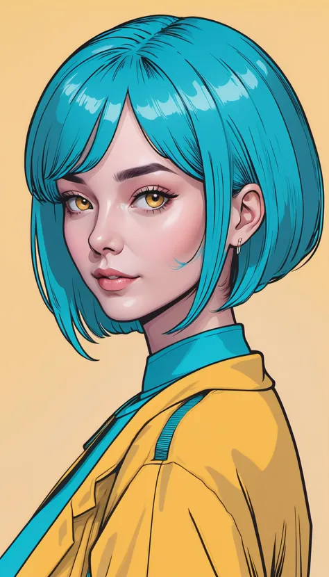 simple background, yellow  background,
mature woman  aged between 30 to 40 years old,
side-parted short hair ,
turquoise  hair,
deep skin,
delicate eyebrows ,
 lineart, outline, flat colors, 1990s \(style\)