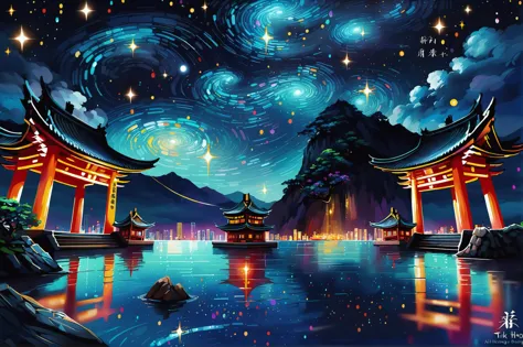 a painting of a night scene with a lake and a mountain