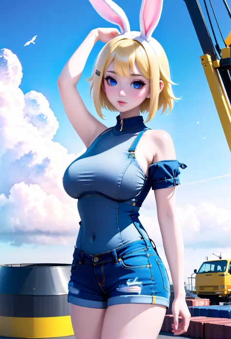 anime style, 1girl, (shadow adorned bunny:1.3), full body, gold hair, parted bangs, , , medium breasts, thicc slim toned perfect hourglass figure,(muscular:0.6), , (denim shorts:1.2) [:creative, creative costume design:0.2], , soft body, wide hips, narrow waist, (noon, blue sky, clouds, scenery,  Photorealism junkyard:1)