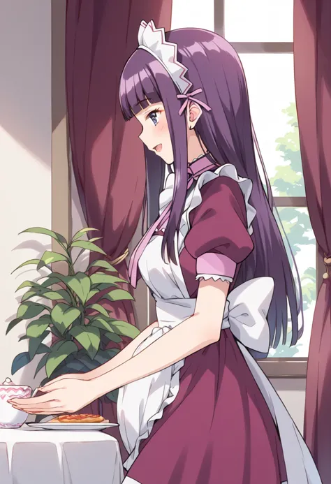 score_9, score_8_up, score_7_up, source_anime, BREAK
fujiwara zakuro, waitress, 1girl, solo, long hair, purple hair, maid, maid headdress, open mouth, blue eyes, from side, profile, maid apron, table, blunt bangs, purple eyes, white apron, puffy short sleeves, indoors, sitting, plant, smile, frills, pink ribbon, curtains, purple dress, sidelocks, :d, frilled apron, anime coloring, plate, standing, enmaided, breasts, pink neckwear, eyelashes, straight hair, shiny hair, hime cut, pink bow, pink dress, cowboy shot, own hands together, window, leaf, waist apron, ivy, neck ribbon, red dress, hair ribbon, necktie, hands up, purple ribbon, blush, white bow, back bow, choker
<lora:mew_zakuro_fujiwara_zakuro_sdxl_locon_pony_v1:0.7>