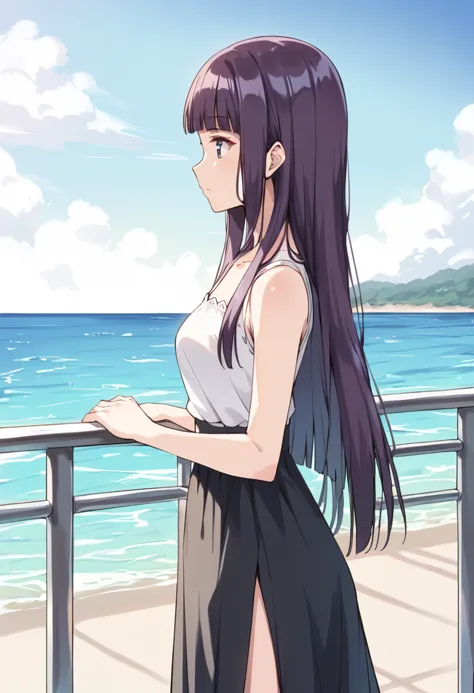 score_9, score_8_up, score_7_up, source_anime, BREAK
fujiwara zakuro, 1girl, solo, purple hair, water, railing, ocean, side slit, purple eyes, long skirt, profile, white shirt, standing, collarbone, outdoors, blunt bangs, blue eyes, closed mouth, expressionless, blouse, day, sidelocks, looking away, cowboy shot, looking to the side, very long hair, black skirt, breasts, from side, sleeveless shirt, casual, bare arms, straight hair, white blouse, looking afar, from behind, short sleeves, black hair, arm at side, against railing, sleeveless dress, high-waist skirt, shiny hair, blue hair, hime cut
<lora:mew_zakuro_fujiwara_zakuro_sdxl_locon_pony_v1:0.7>