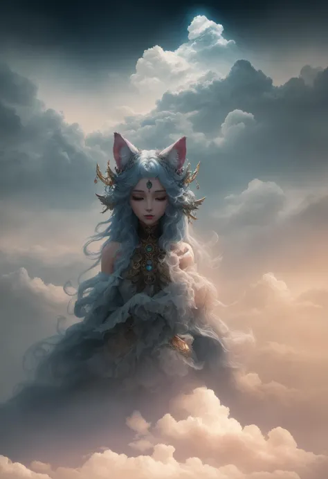 a image of a ethereal cat eared wind goddess mostly obscured by the clouds overlooking a foggy city above the clouds at night,
(...