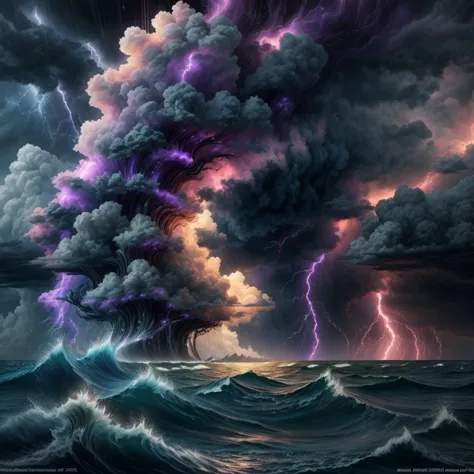 fantasy art, raw photo quality, imagery masterpiece break
storm cloud over ocean, purple color,  heavy rain, lightnings and thun...