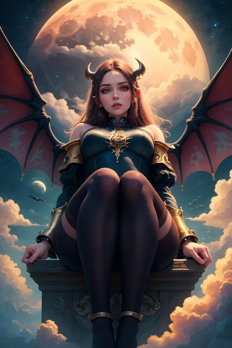 ((best quality)), ((masterpiece)), (detailed), succubus, ethereal beauty, perched on a cloud, (fantasy illustration:1.3), enchan...