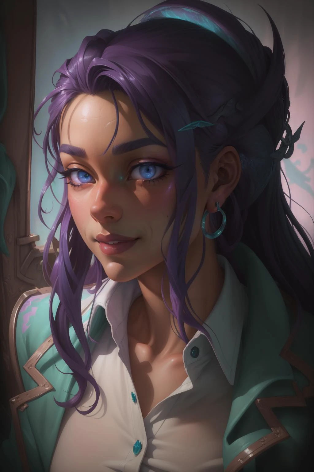 ArtCalmV2 masterpiece, best quality, 1girl, blue eyes, collared shirt, dress shirt,  jacket, lips, long hair, long sleeves, purple jacket,  purple hair,  shirt, skirt, solo, white shirt, wing collar ,standing, portrait, seductive smile,  