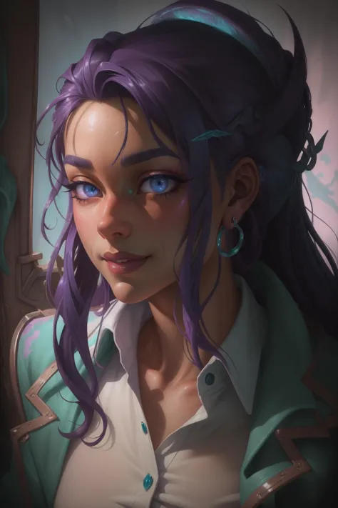 ArtCalmV2 masterpiece, best quality, 1girl, blue eyes, collared shirt, dress shirt,  jacket, lips, long hair, long sleeves, purple jacket,  purple hair,  shirt, skirt, solo, white shirt, wing collar ,standing, portrait, seductive smile,  <lora:backlight_slider_v10:-1>