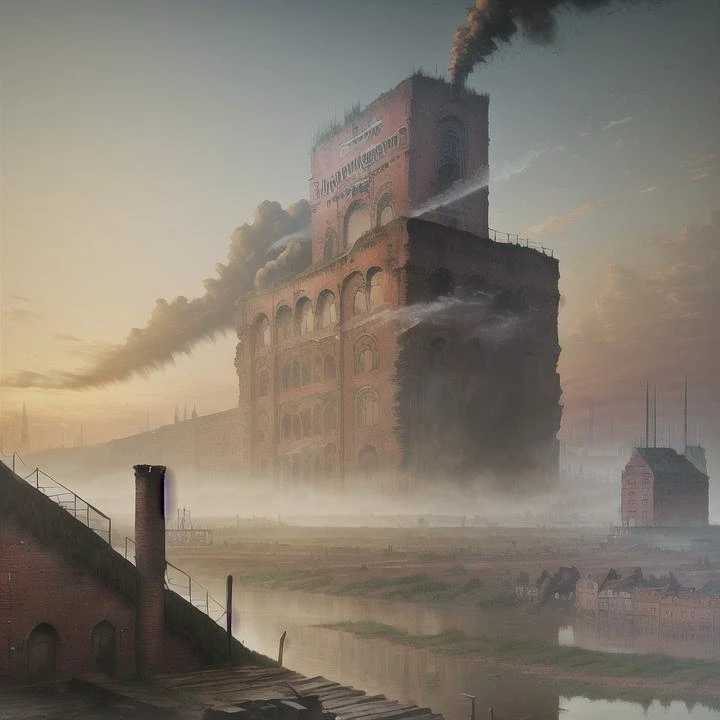 There is a large building with a smoke stack rising out of it - SeaArt AI