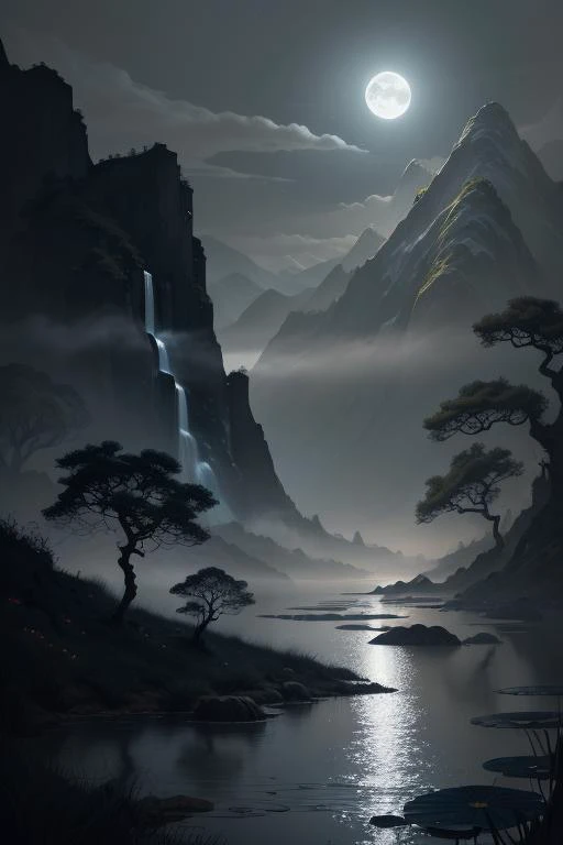masterpiece,best quality,Chinese martial arts style,an asian night scene with lanterns and water lilies,asian pond with many lanterns and boatsa night scene with many lights and boats in the water, Lake surface, lotus flowers,beautiful night scene,(((Chinese martial arts style))), with vast sky, continuous mountains and steep cliffs, ink wash style, outline light, atmospheric atmosphere, depth of field, mist rising, bamboo, pine trees, octagonal stone pavilion, waterfall flowing water,big full moon,(No color) , Monochrome, light color,