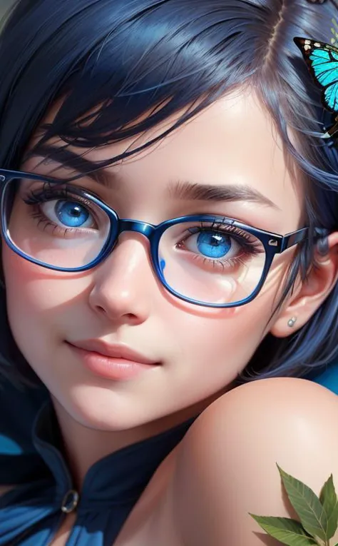 (highres, high lighting, 4k), blue rimmed glasses, long face, 1girl, face, detailed face, blue eye, garden, very short hair, she has a butterfly on her head, close up face, sun in mid day, smile, :), looking at viewer, close - up intensity, blue dress, eyes half closed, <lora:eyeLora_eyesV10:0.1>