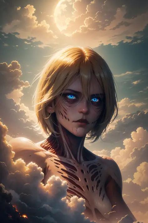 ((best quality)), ((masterpiece)), (detailed), female titan, blonde hair, short hair, blue eyes, horror beauty, perched on a cloud, (fantasy illustration:1.3), enchanting gaze, captivating pose, delicate scars, otherworldly charm, mystical sky, (Luis Royo:1.2), (Yoshitaka Amano:1.1), moonlit night, soft colors, (detailed cloudscape:1.3), (high-resolution:1.2) <lora:FemaleTitanV2:1>