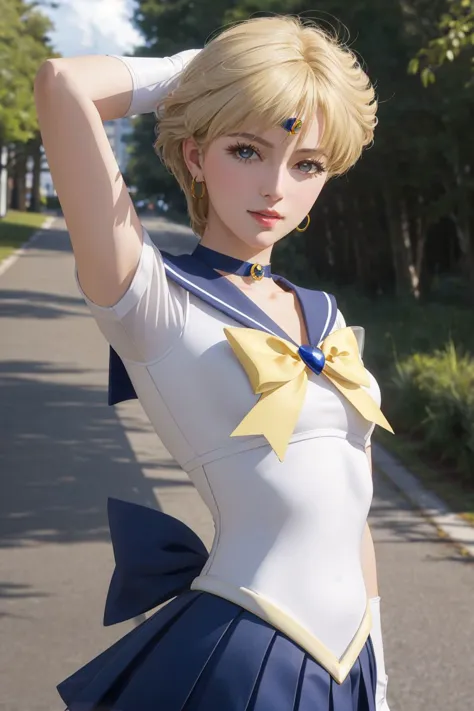 professional photo of sailor uranus, mature woman, small breasts, aqua eyes, blonde hair, sailor senshi uniform, sailor collar, chest bow, back bow, plead skirt, white elbow gloves, 
detailed skin, detailed eyes, 
<lora:Kizuki_-_Sailor_Moon_-_Sailor_Uranus:0.85>,