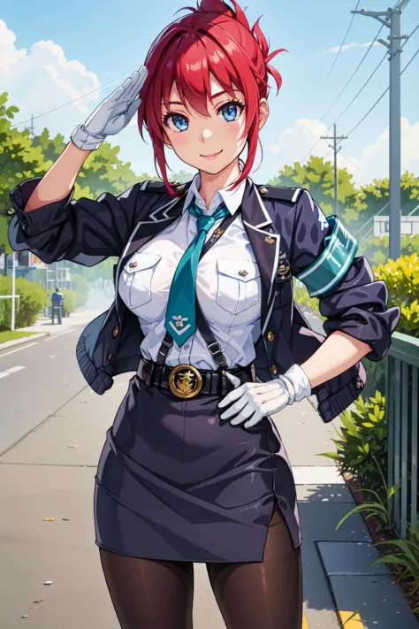 masterpiece, best quality, 1girl, solo, aoi1, red hair, folded ponytail, blue eyes, skirt, necktie, white gloves, police uniform, belt, black pantyhose, jacket, armband, large breasts, <lora:sakurai_aoi_v1:0.6>, cowboy shot, standing, smile, salute, outdoors