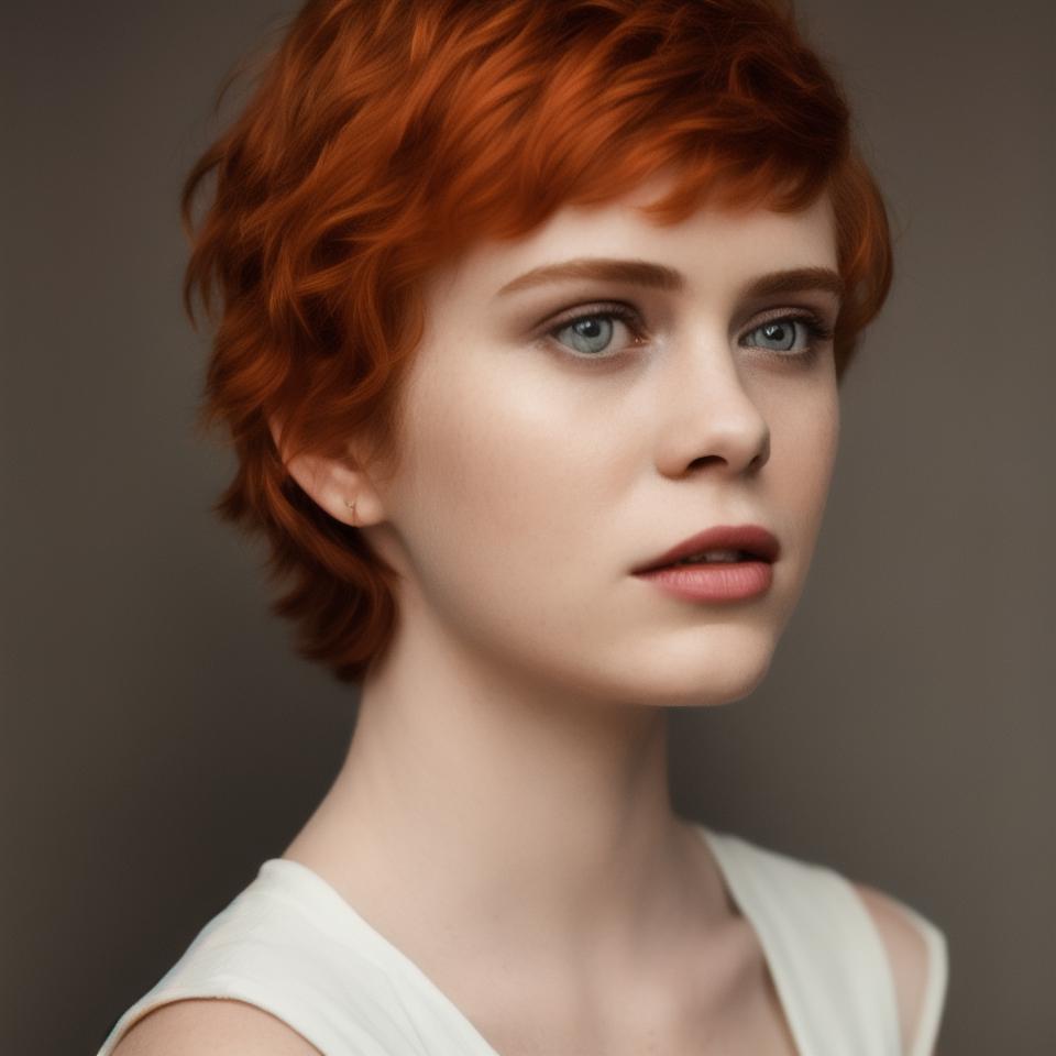 A close up of a woman with red hair and a white top - SeaArt AI