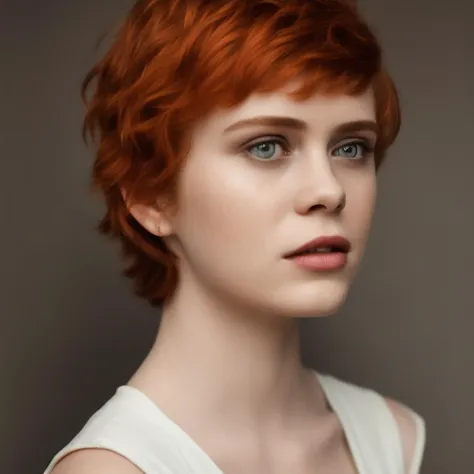 a close up of a woman with red hair and a white top