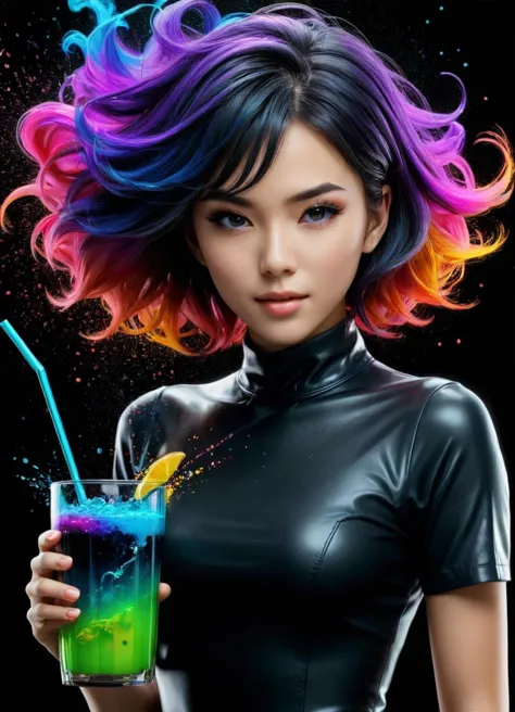 a woman with colorful hair holding a glass of liquid