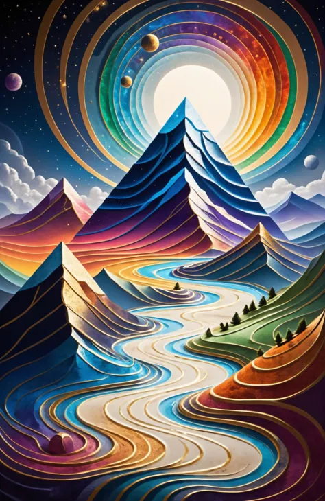 a painting of a mountain with a river in the middle