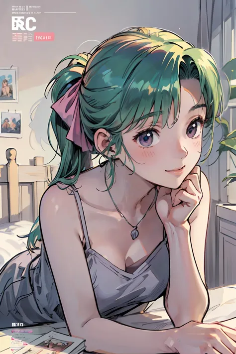 anime girl with green hair laying on bed looking at camera