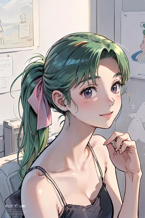 anime girl with green hair and ponytail sitting in front of a computer