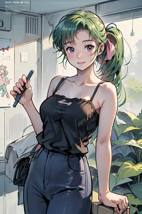 anime girl with green hair holding a cell phone in her hand