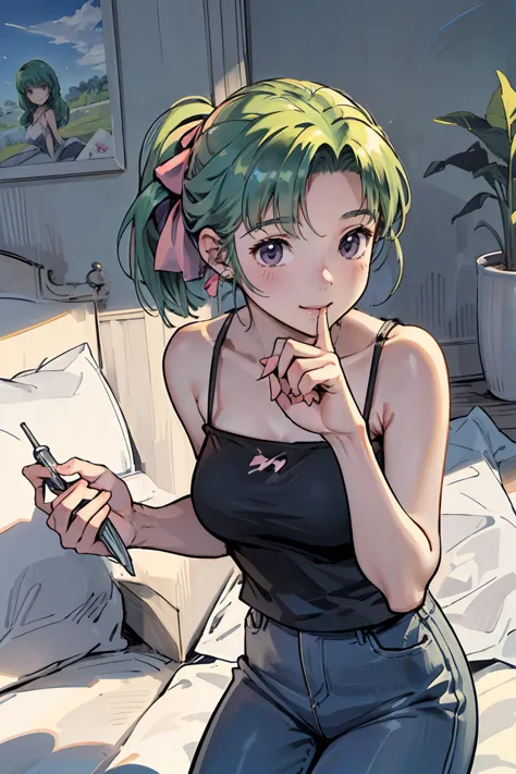 anime girl with green hair and blue eyes holding a cell phone