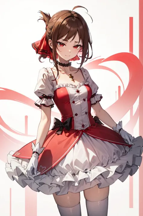 <lora:Madoka:1> MadokaAi, magical girl, rose, hair bow, hair ribbon, bow, ribbon, red ribbon, pink bow, red choker, ribbon choker, collarbone, soul gem, frills, dress, buttons, puffy short sleeves, frilled sleeves, white gloves, bubble skirt, socks, shoes, 
smile, abstract background, reaching towards viewer, open hand, pink background and white background, cowboy shot, bow,, absurdres, ultra detailed, masterpiece, best quality, aesthetic, detailed,, solo, frown,
1girl, red eyes, <lora:Tsurime3:1>, (tsurime:1.2), (brown hair:1.3), medium hair, (asymmetrical bangs, swept bangs, cowlick:1.35), flipped hair, <lora:foldedponytail:0.8> foldedponytail, folded ponytail, (small breasts:1.3),